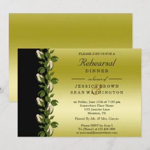 Invitación Cena de ensayo Chic Floral Romántico Dorado y Negr