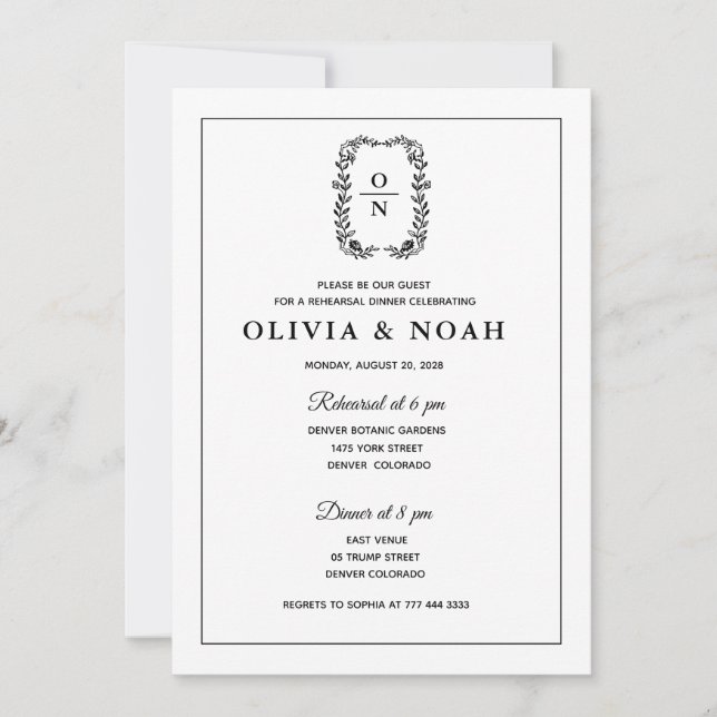 INVITACIÓN CENA DE ENSAYO CLÁSICA ELEGANT NEGRA Y BLANCA (Anverso)