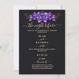 Invitación Cena de Ensayo Clásica Floral Violeta Negro Oro