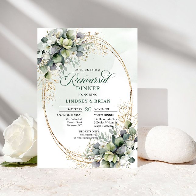 Invitación Cena de Ensayo Classic Charm Eucalyptus Botanica (Classic Charm Rehearsal Dinner Eucalyptus Botanical)