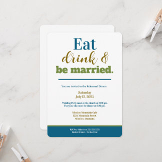 Invitación Cena de Ensayo Come Bebe & Cásate Verde Azul