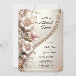 Invitación Cena de Ensayo con Adornos Florales y Perlas