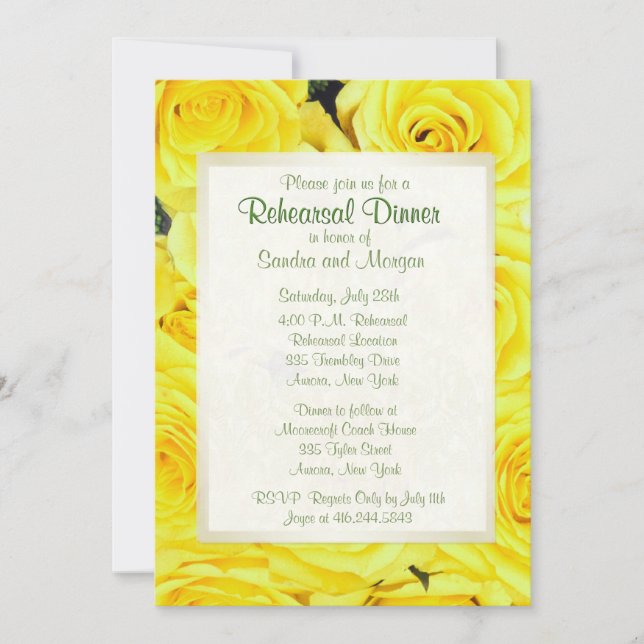 Invitación Cena de ensayo con Boda de rosa amarillo (Anverso)