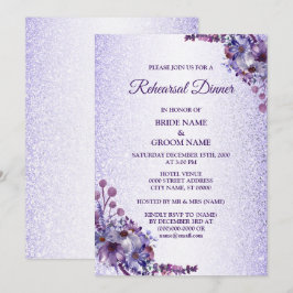 Invitación Cena de Ensayo con Brillo Floral Azul Purpura Rosa