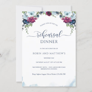 Invitación Cena de ensayo con flores azules, borgoñas y borgo