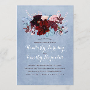 Invitación Cena de ensayo con flores azules y borgoñas