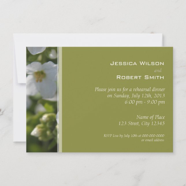 Invitación cena de ensayo con flores de jardín blancas fresca (Anverso)