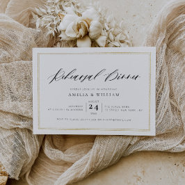 Invitación cena de ensayo con letras negras con marco dorado