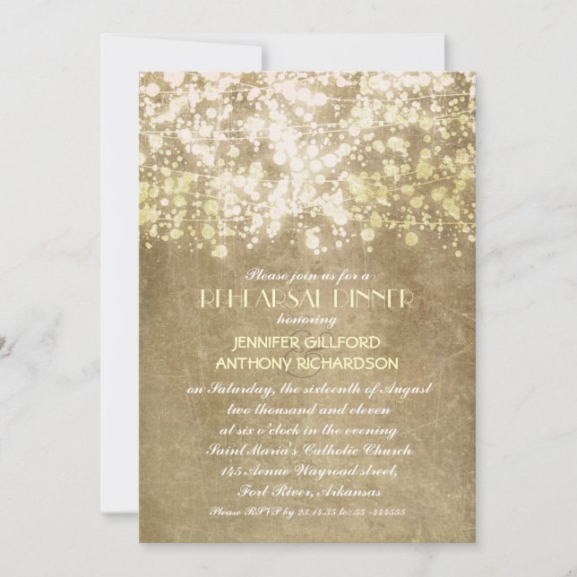 Invitación cena de ensayo con luces de cuerda antiguas rústic (Anverso)