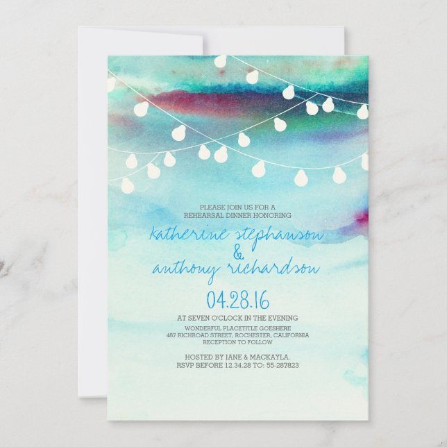 Invitación cena de ensayo con luces de cuerda de playa de col (Anverso)