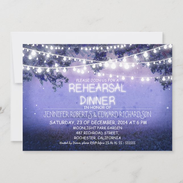 Invitación cena de ensayo con luces de cuerda y noche azul (Anverso)