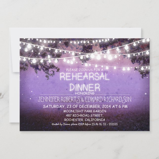 Invitación cena de ensayo con luces de cuerda y noche púrpura (Anverso)