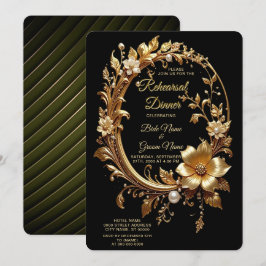 Invitación Cena de Ensayo con Marco Adornado Floral Dorado