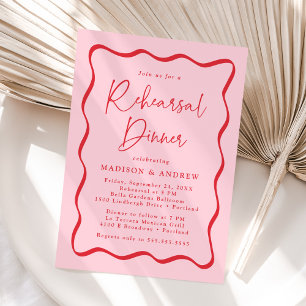 Invitación Cena de ensayo con marco ondulado rosa y rojo mode