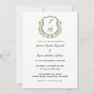 Invitación Cena de ensayo con monograma de cresta floral acua