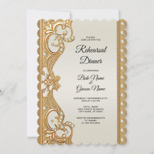 Invitación Cena de Ensayo con Perlas Blancas y Adornos Dorado