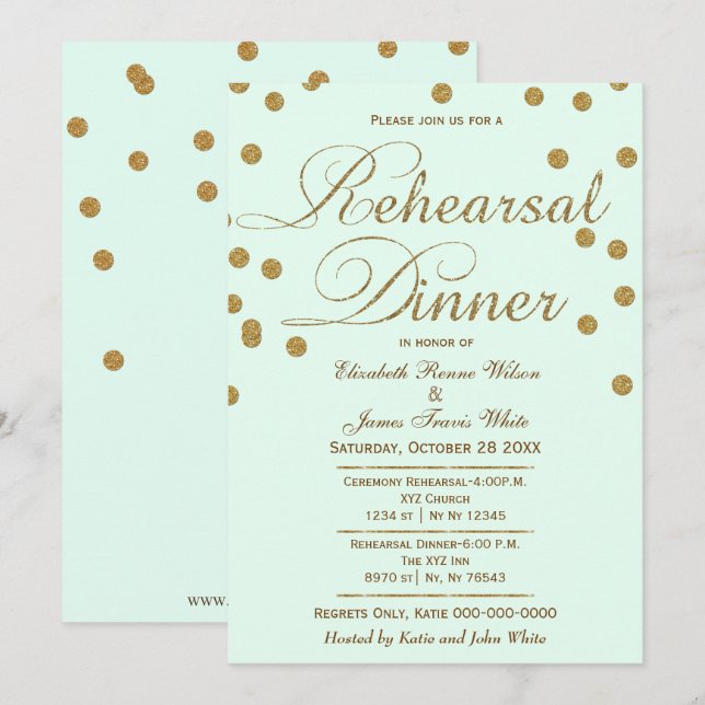 Invitación cena de ensayo con purpurina de menta y oro (Anverso / Reverso)