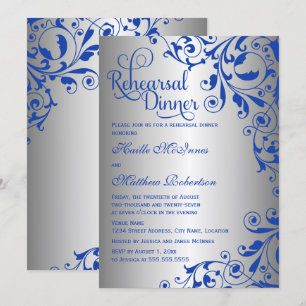 Invitación Cena de Ensayo con Remolinos de Azul Real y Plata 