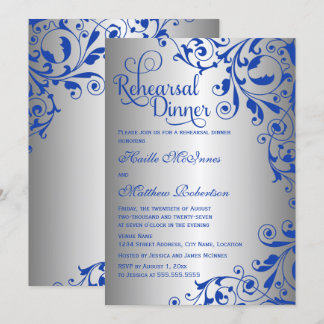 Invitación Cena de Ensayo con Remolinos de Azul Real y Plata