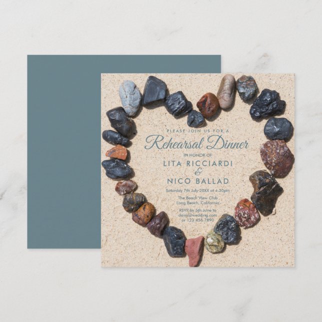 Invitación Cena de Ensayo con Tema de Playa Pebble Heart (Anverso / Reverso)