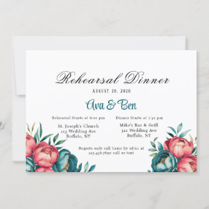 Invitación Cena de ensayo coral y peonía Verde azulada