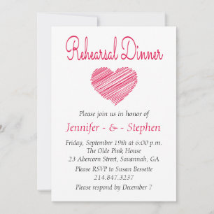 Invitación Cena de Ensayo Corazón Doodle Rosa Rojo