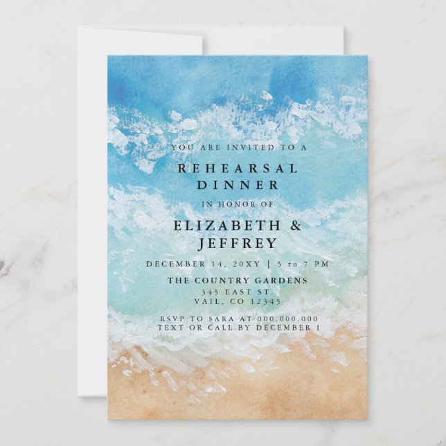 Invitación Cena de ensayo de acuarela en la playa del mar de  (Anverso)