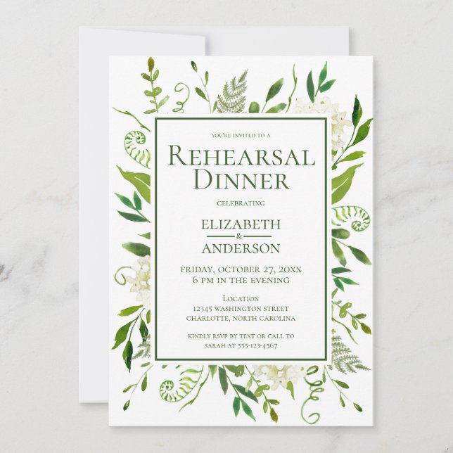 Invitación Cena de Ensayo de Acuarela Floral de Hortensia Bla (Anverso)