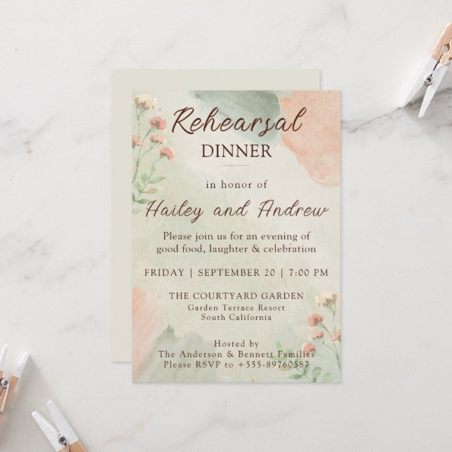Invitación Cena de ensayo de acuarela melocotón y verde (Anverso/Reverso In Situ)