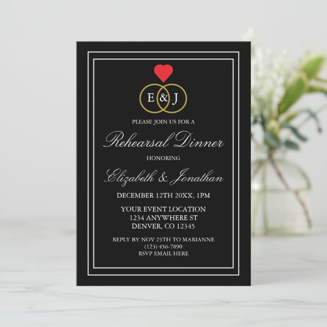 Invitación Cena de ensayo de anillos entrelazados (Anverso de pie)