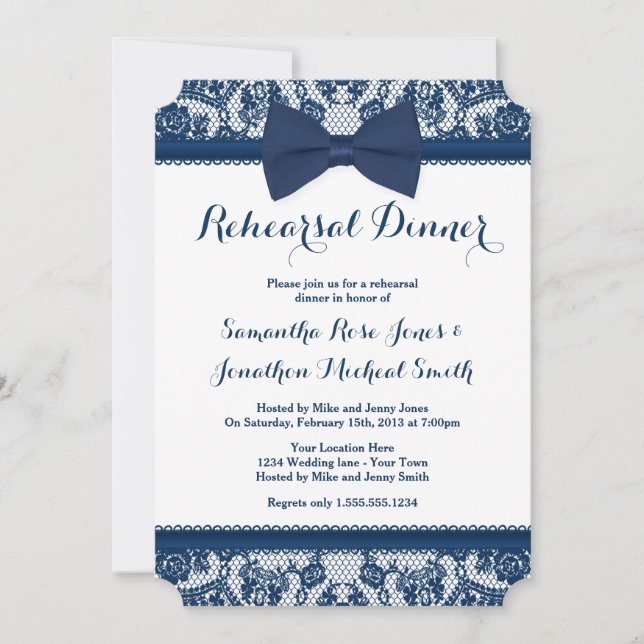 Invitación Cena de ensayo de arco azul y blanco de la marina (Anverso)