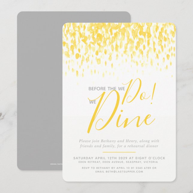 Invitación Cena de ensayo de arte de dab amarillo soleado ant (Anverso / Reverso)