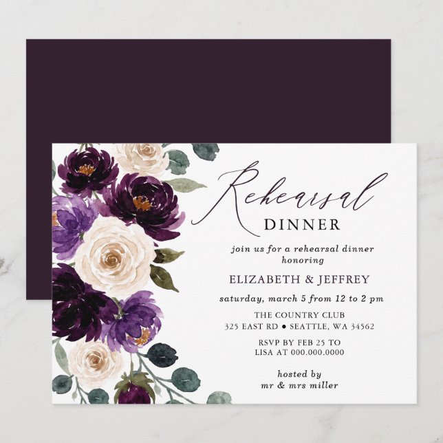 Invitación Cena de Ensayo de Berenjena Morada Marfil  (Anverso / Reverso)