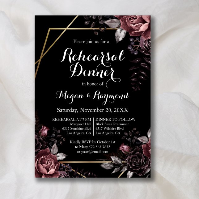 Invitación Cena de ensayo de Black Dark Florals gótica (Subido por el creador)