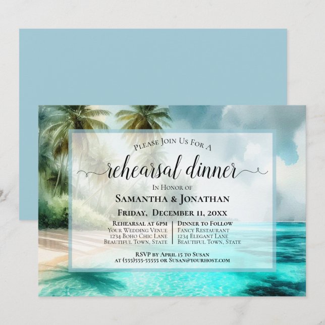 Invitación Cena de Ensayo de Boda Acuarela de Playa Tropical (Anverso / Reverso)