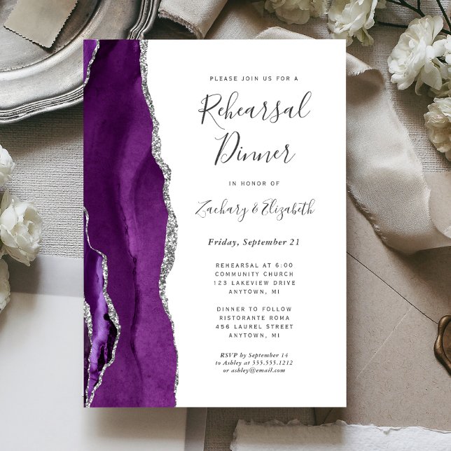 Invitación Cena de ensayo de Boda agate de plata morada (Subido por el creador)