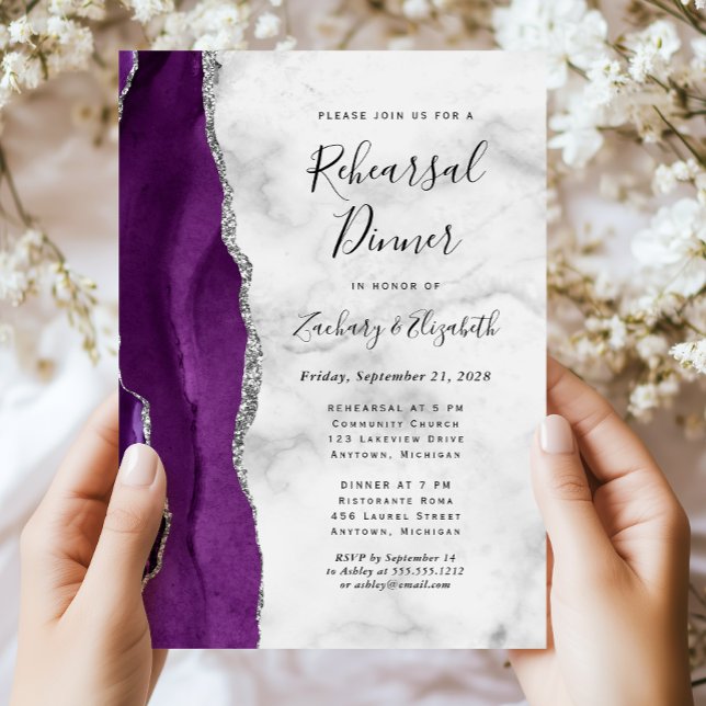 Invitación Cena de ensayo de Boda agate de plata morada (Subido por el creador)