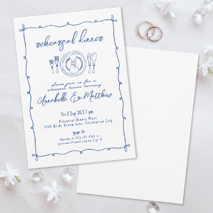 Invitación Cena de Ensayo de Boda Azul Dibujada a Mano