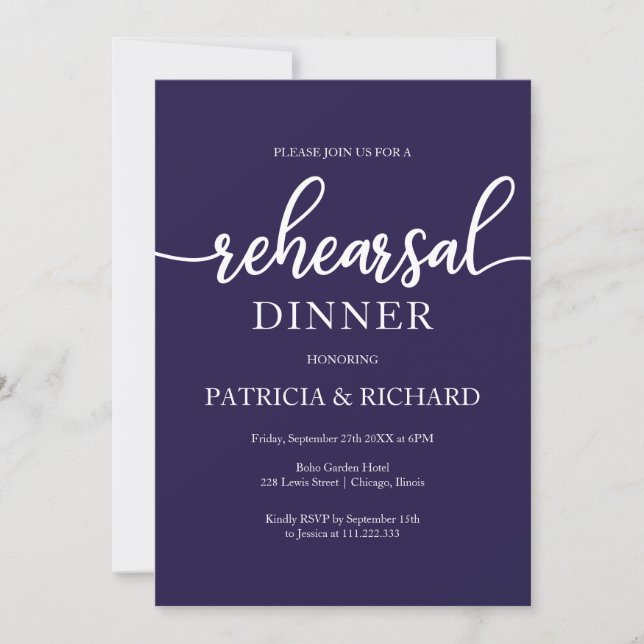 Invitación Cena de ensayo de boda azul marino (Anverso)