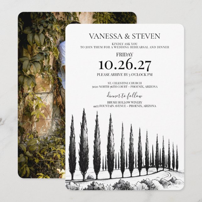 Invitación Cena de ensayo de boda bajo el ciprés (Anverso / Reverso)
