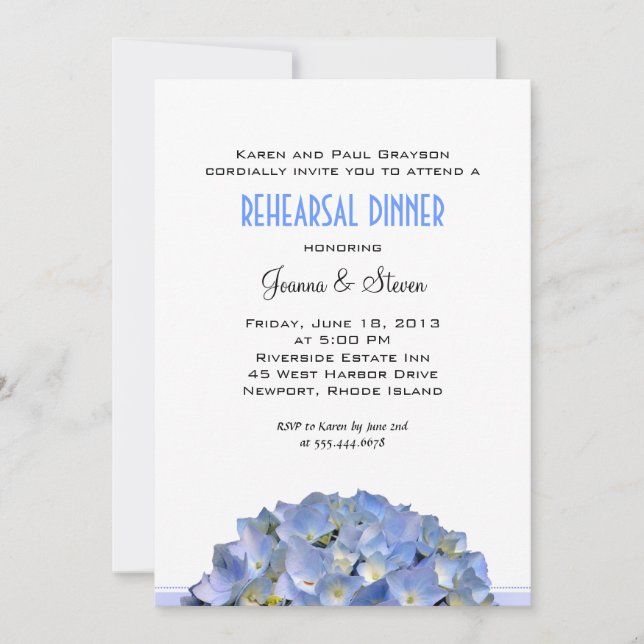 Invitación Cena de ensayo de Boda blanco con azul (Anverso)