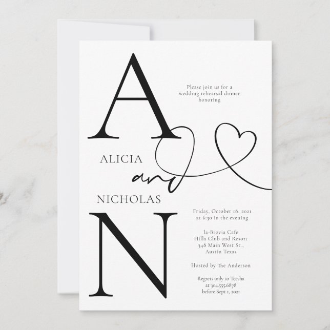 Invitación Cena de ensayo de Boda blanco de duograma (Anverso)