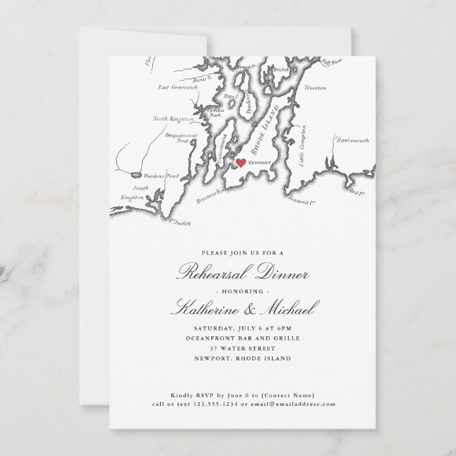 Invitación Cena de ensayo de Boda blanco negro de Newport RI (Anverso)