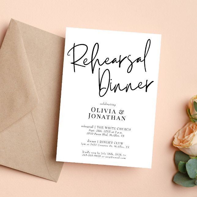 Invitación Cena de Ensayo de Boda Blanco y Negro (White and black rehearsal dinner invitation sets a clean, elegant tone for your pre wedding event.)
