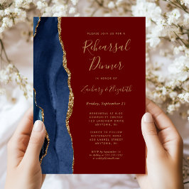 Invitación Cena de ensayo de boda Blue Gold Agate Burgundy