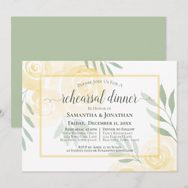 Invitación Cena de ensayo de boda Boho Butter Yellow Roses (Anverso / Reverso)