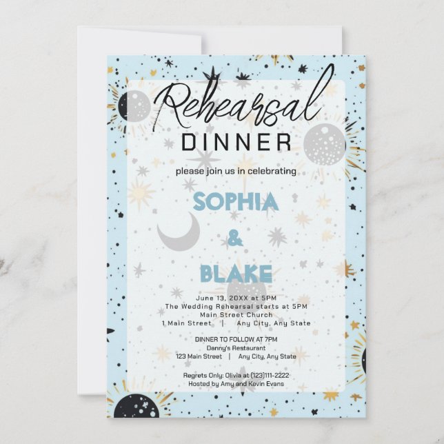 Invitación Cena de ensayo de boda celestial Black & Blue (Anverso)