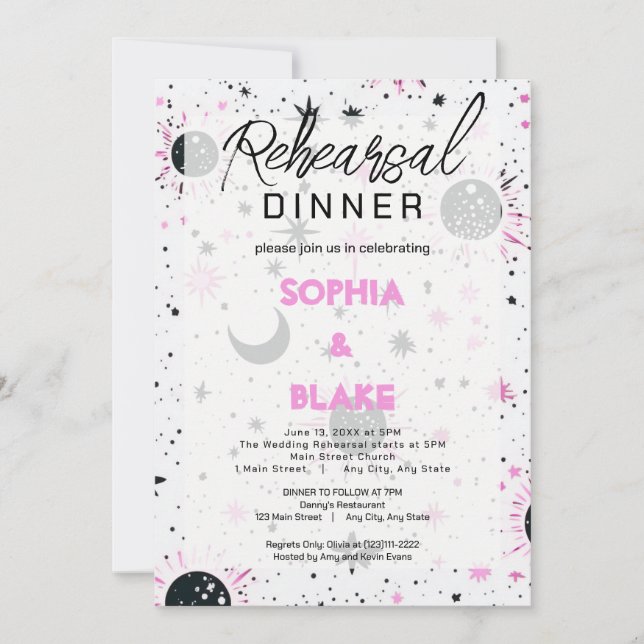 Invitación Cena de ensayo de boda celestial negra y rosa (Anverso)
