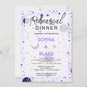 Invitación Cena de ensayo de boda celestial negro y púrpura