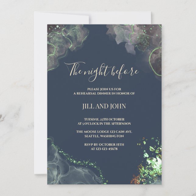 Invitación Cena de Ensayo de Boda Celestial Verde (Anverso)